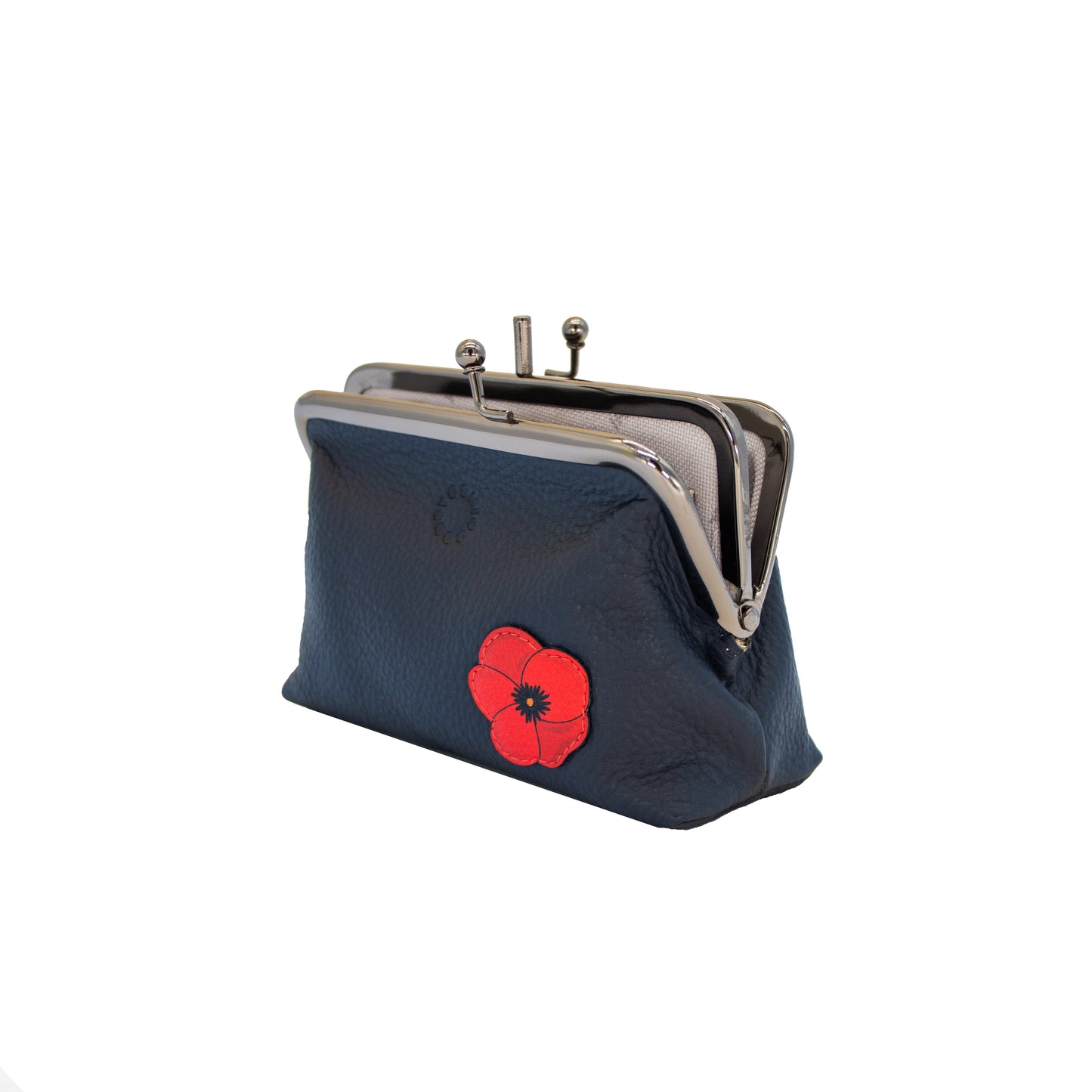 Black leather frame purse with a red poppy flower interior view