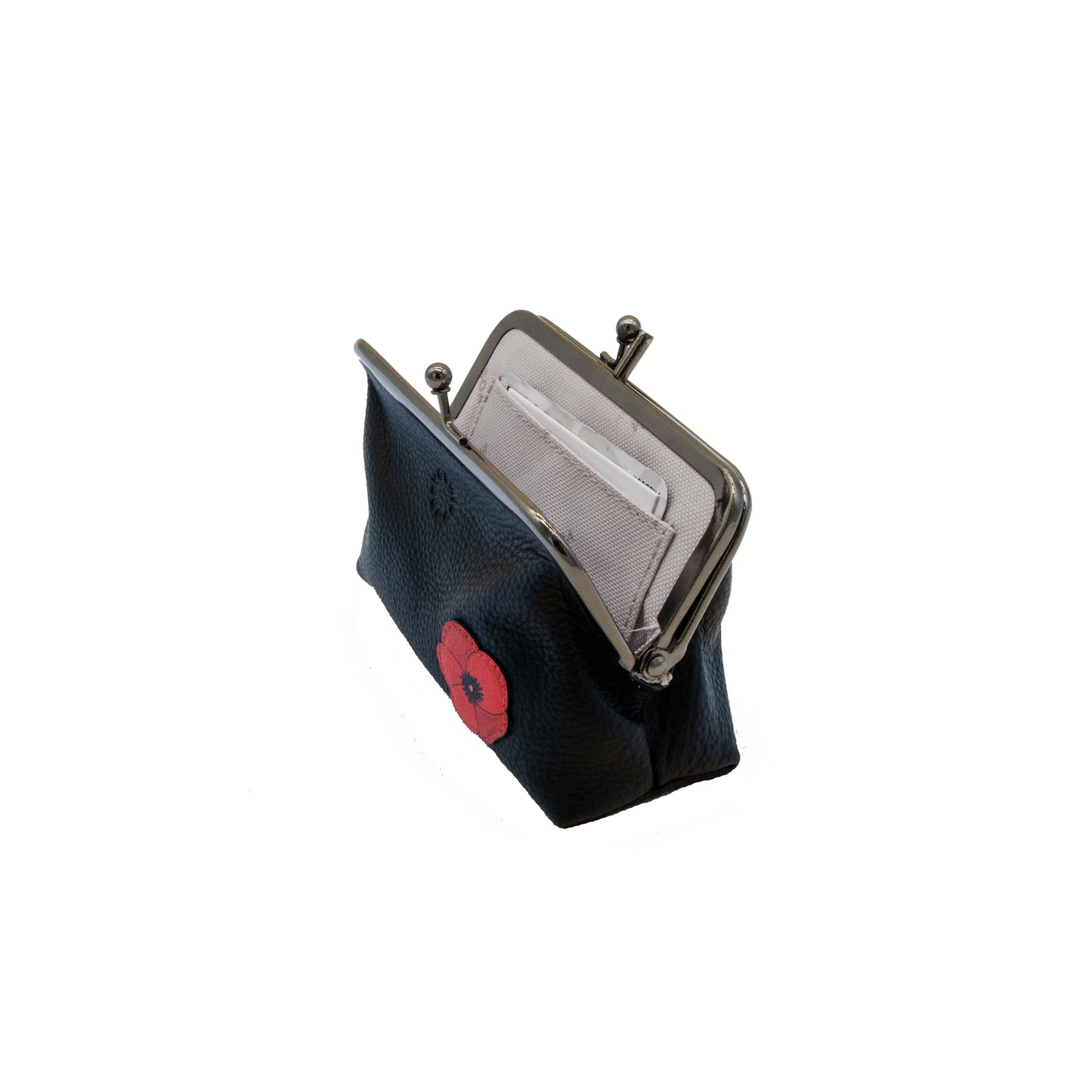 Black leather frame purse with a red poppy interior view