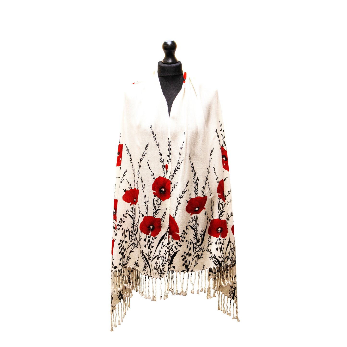 Poppy Red and Cream Fringed Scarf