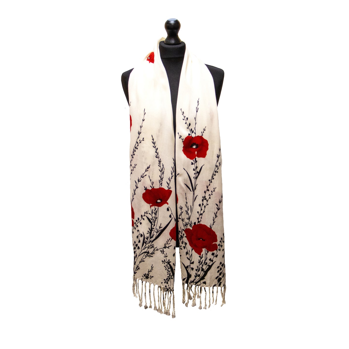 Poppy Red and Cream Fringed Scarf