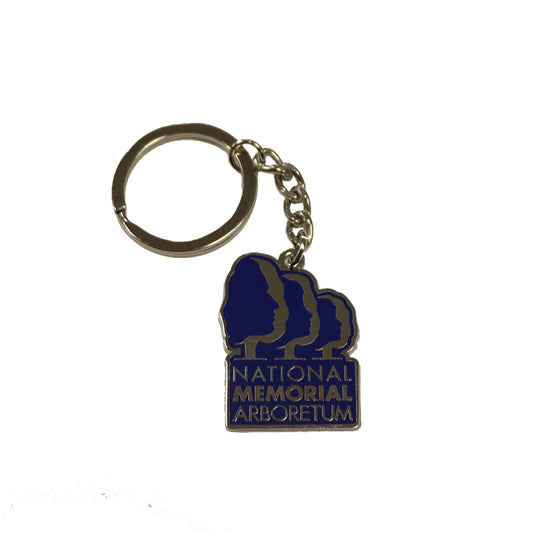 A hard enamel keyring with metal hook and chain, featuring the National Memorial Arboretum logo in navy and gold colors.