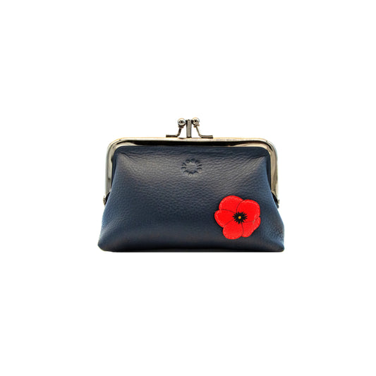 Navy leather frame purse with a red poppy flower 