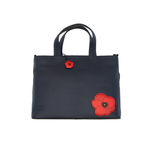 Black leather multiway grab bag with red poppy charm