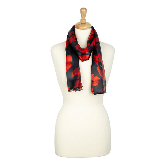 Black Poppy Silky Scarf Around Neck