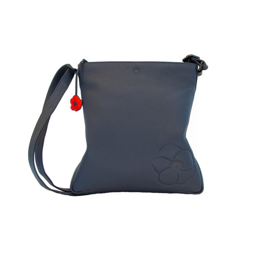 Navy  leather cross body bag with red poppy charm