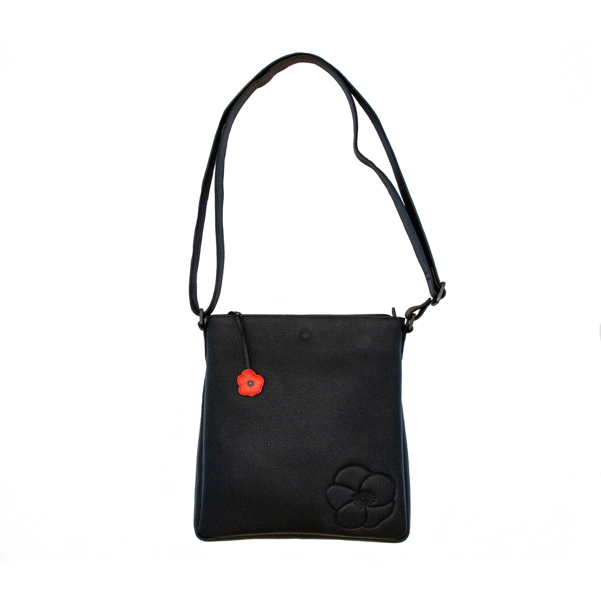 Black leather cross body bag with red poppy charm