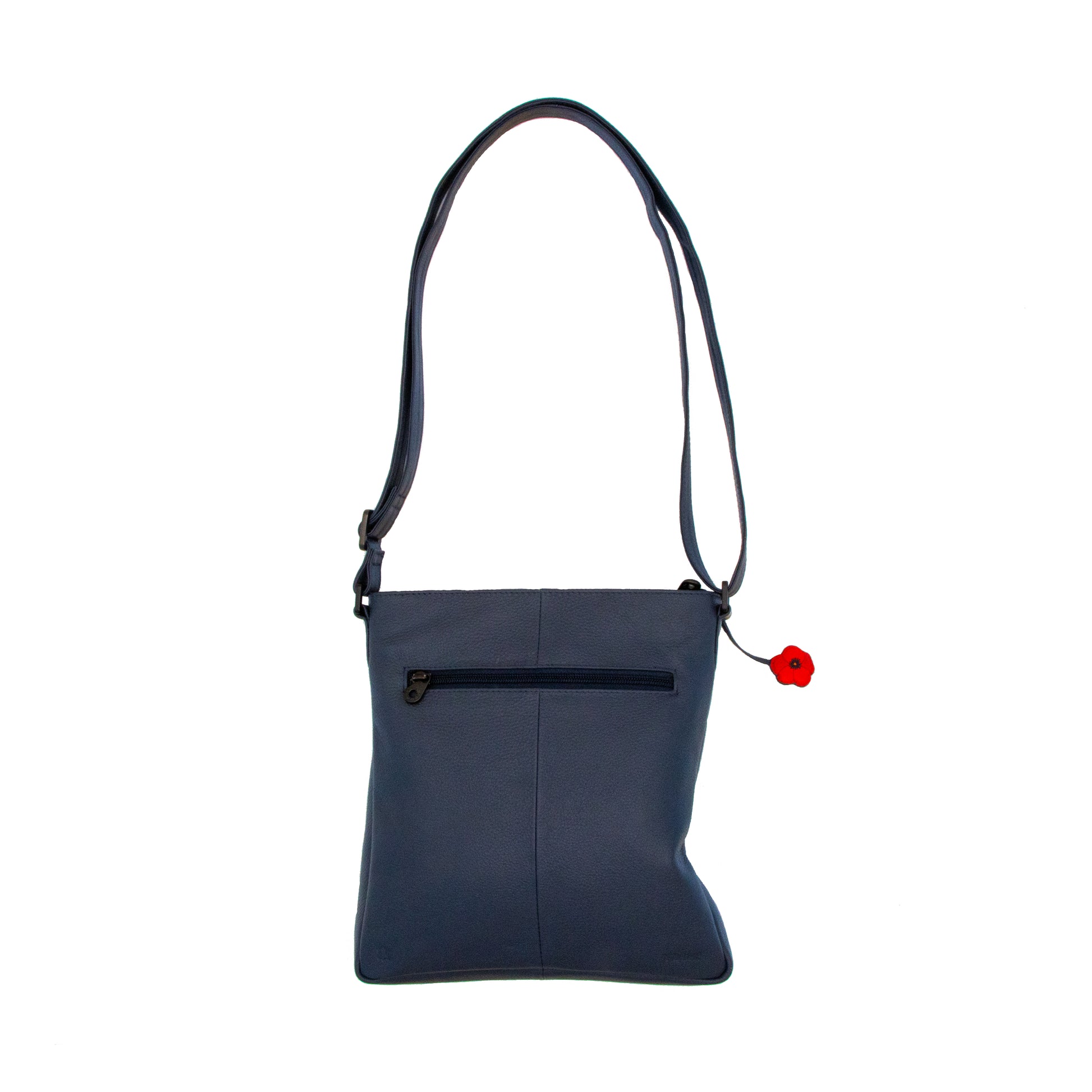 Navy  leather cross body bag with red poppy charm