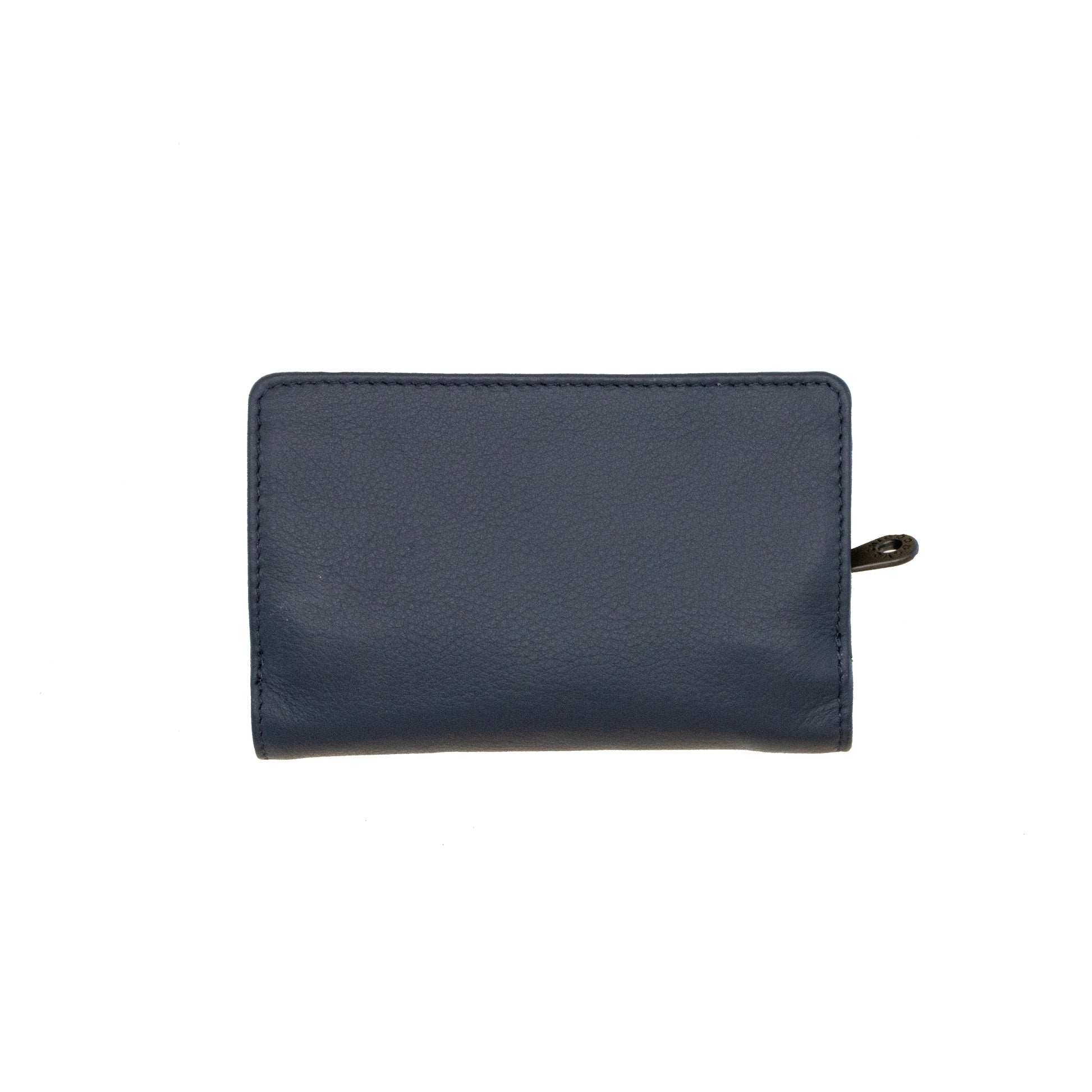 Navy leather flap over wallet