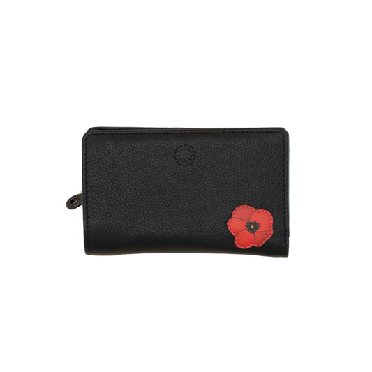 Black leather flap over wallet with a red poppy design 