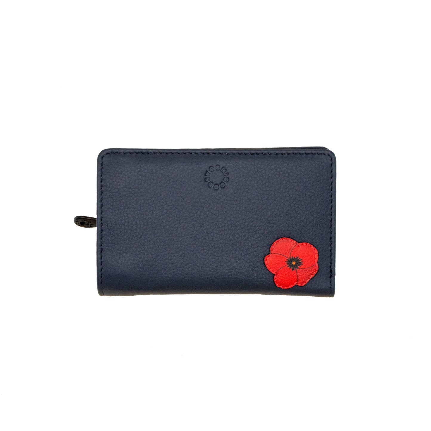 Navy leather flap over wallet with a red poppy design 