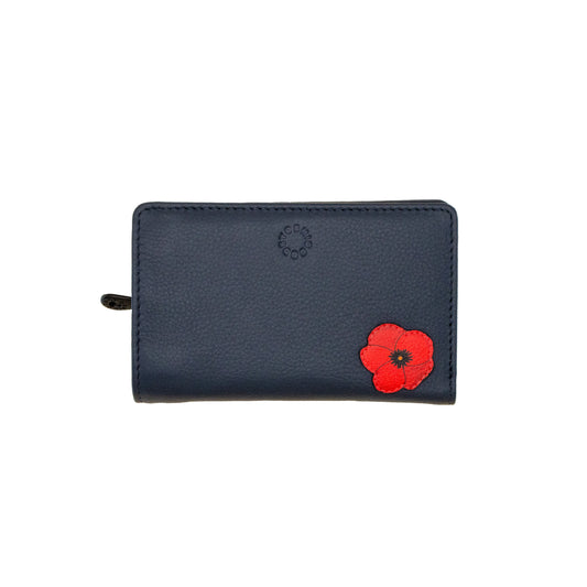Navy leather flap over wallet with a red poppy design 