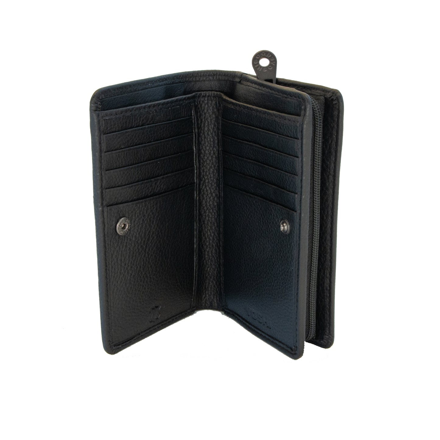 Black leather flap over wallet with a red poppy design interior view