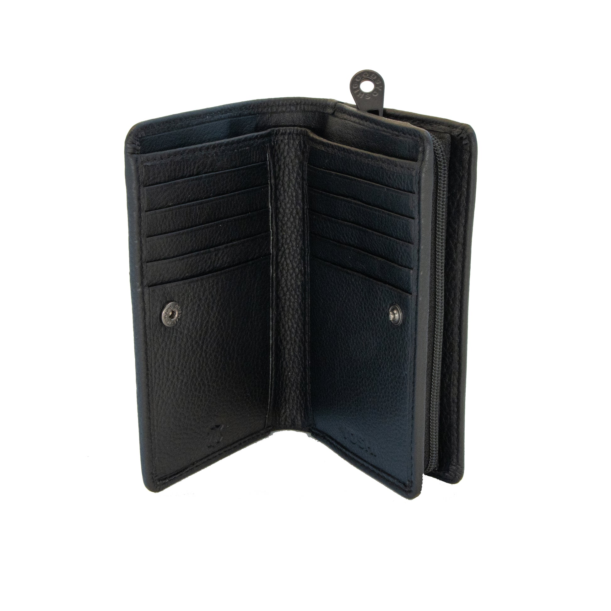 Black leather flap over wallet with a red poppy design interior view