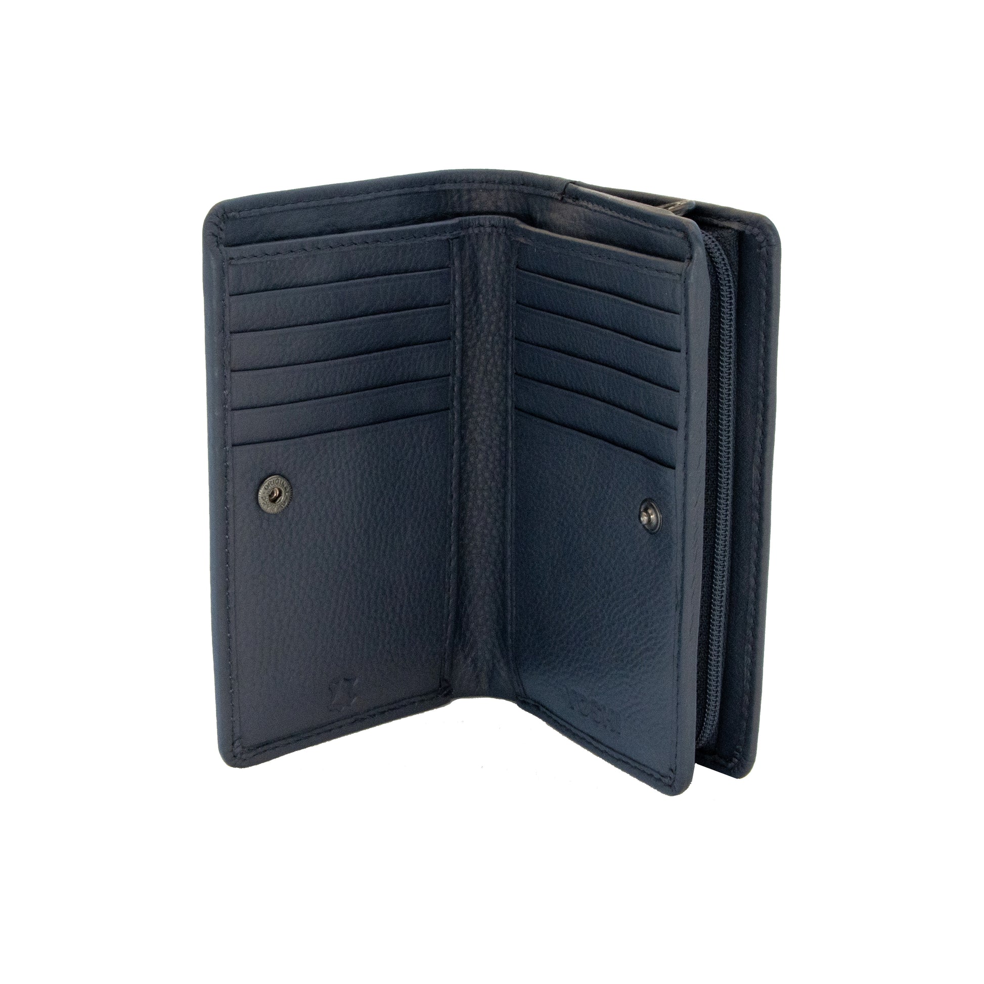 Navy leather flap over wallet interior view