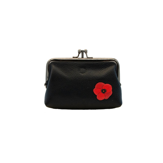 Black leather frame purse with a red poppy flower 