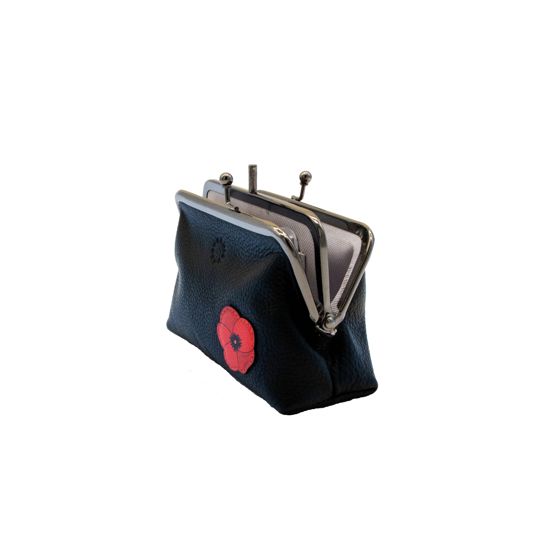 Black leather frame purse with a red poppy interior view