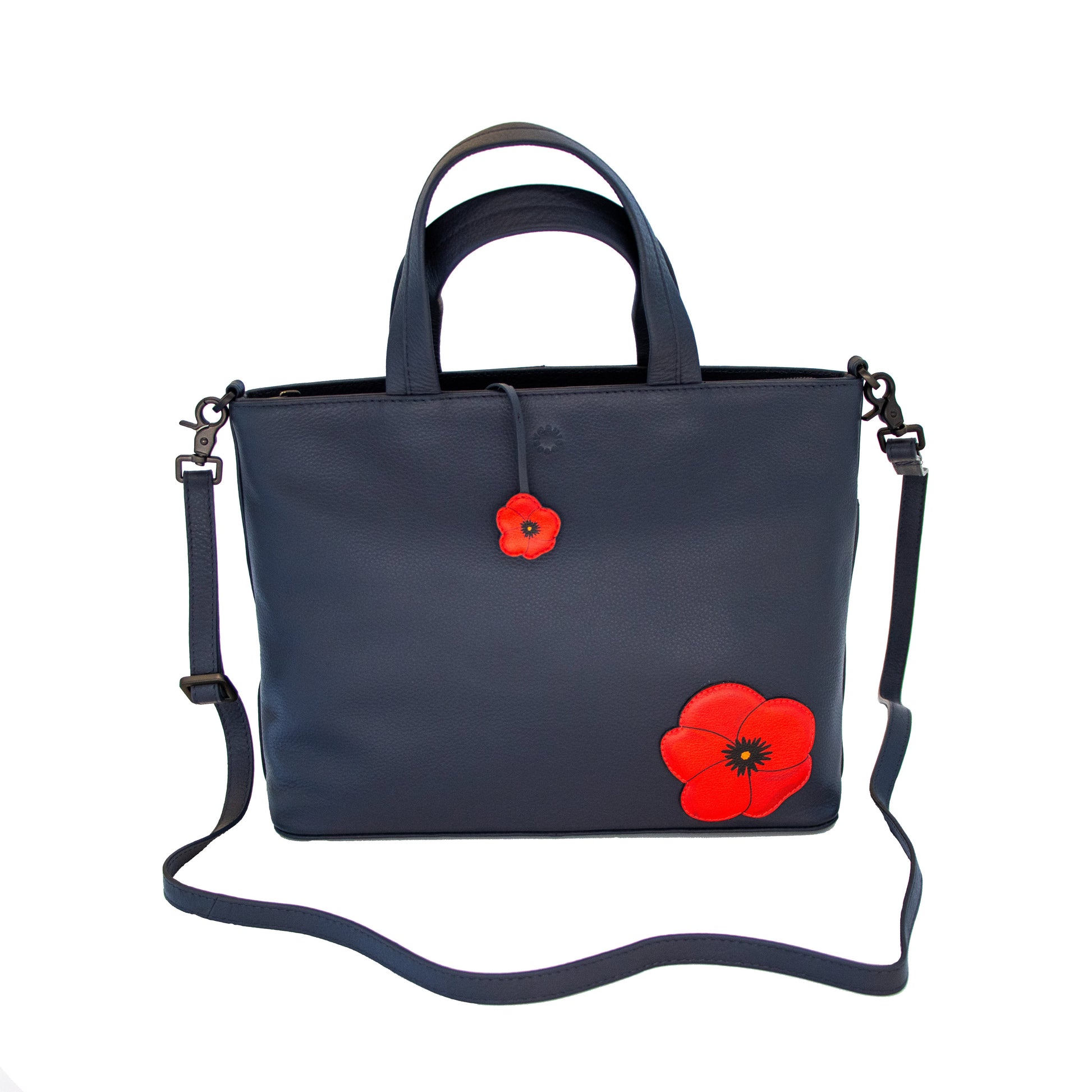 Black leather multiway grab bag with red poppy charm