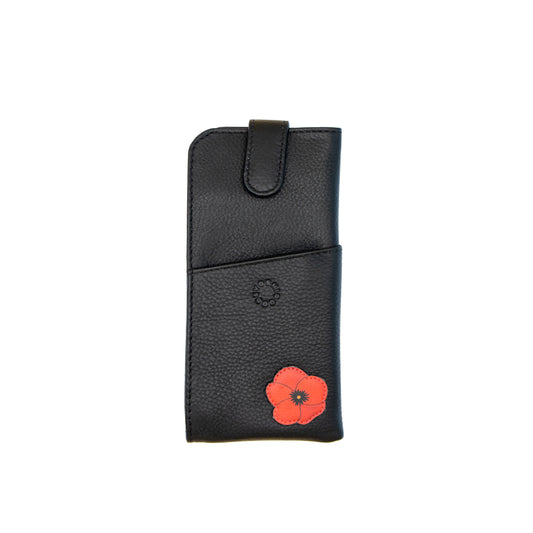 Black leather  glasses case with a red poppy design 