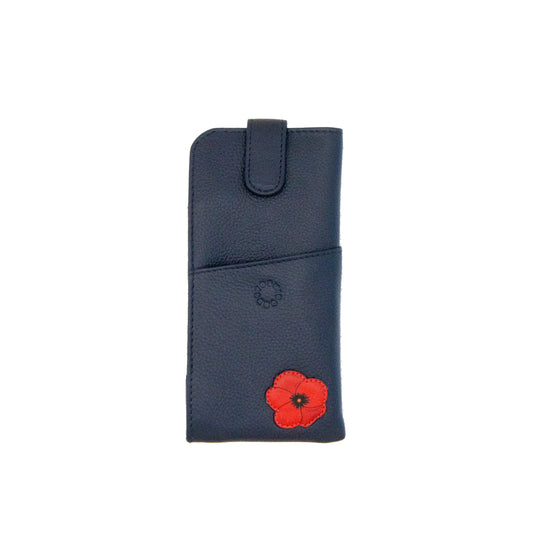Navy leather  glasses case with a red poppy design 