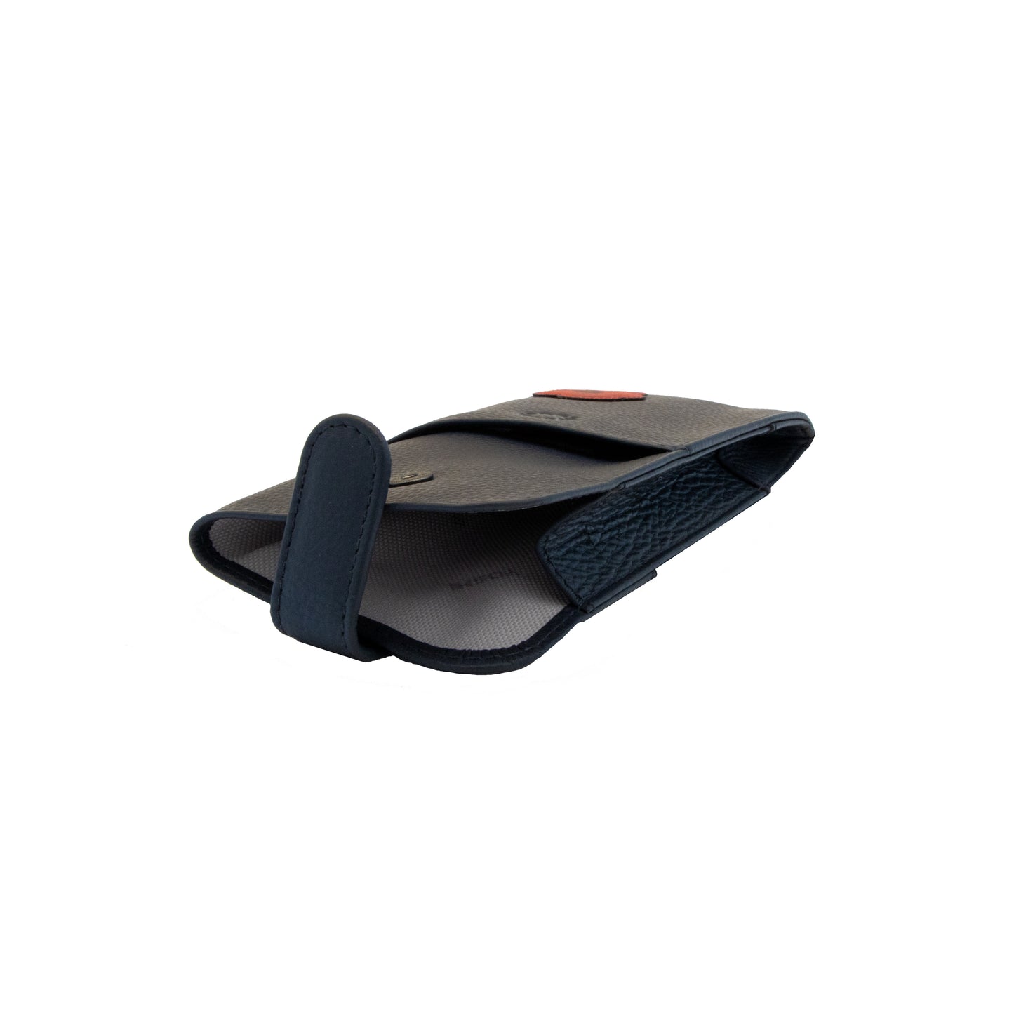 Navy leather  glasses case with a red poppy design interior view