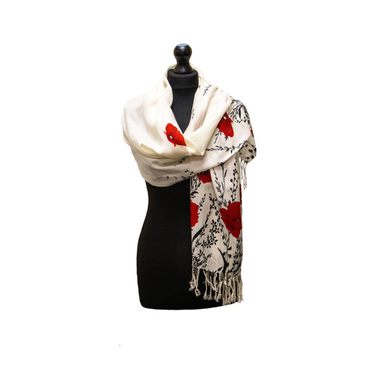 Poppy Red and Cream Fringed Scarf