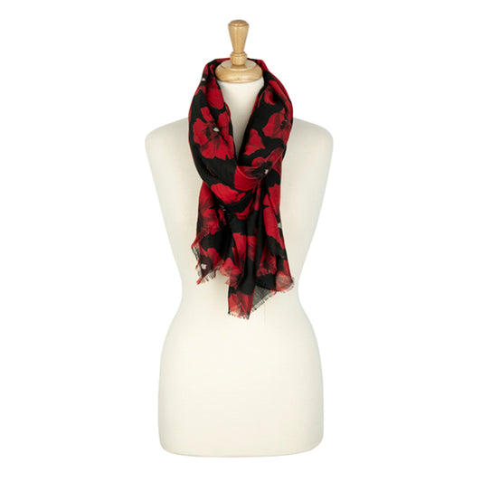 Red and Black Poppies Scarf Around Neck