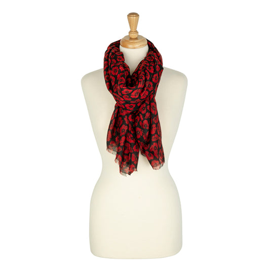 Red and Black Small Poppies Scarf Around Neck