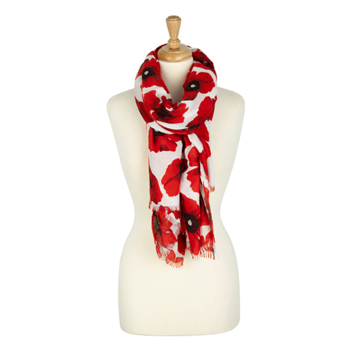 Red and White Poppy Scarf Around Neck