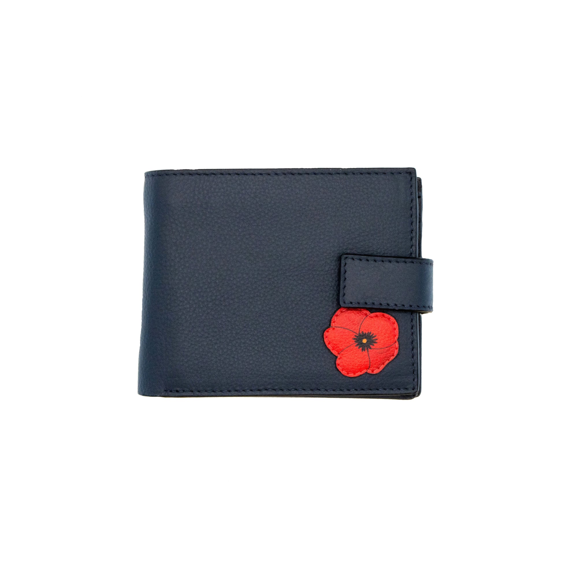 Navy leather two fold wallet with a red poppy flower