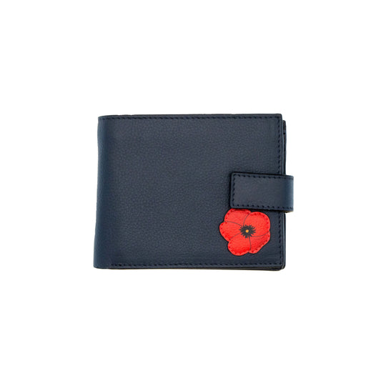 Navy leather two fold wallet with a red poppy flower