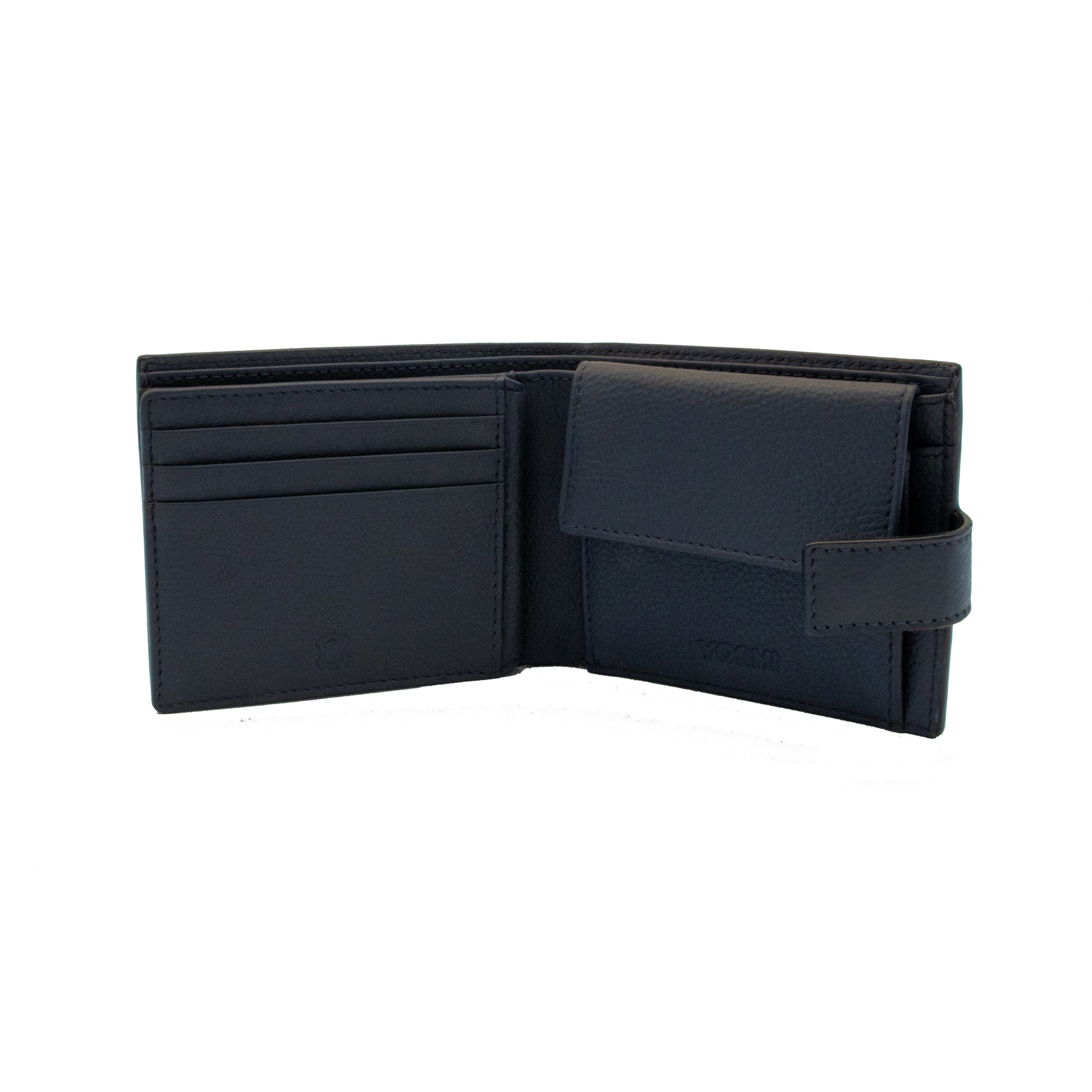Navy leather two fold wallet interior view