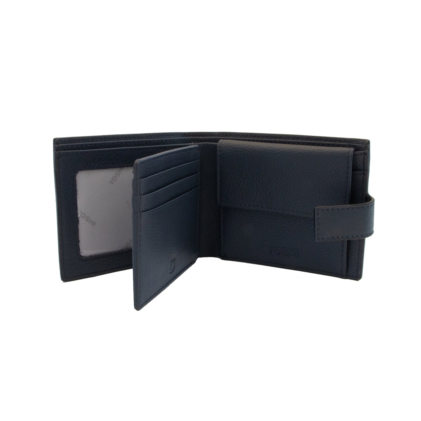 Navy leather two fold wallet interior view
