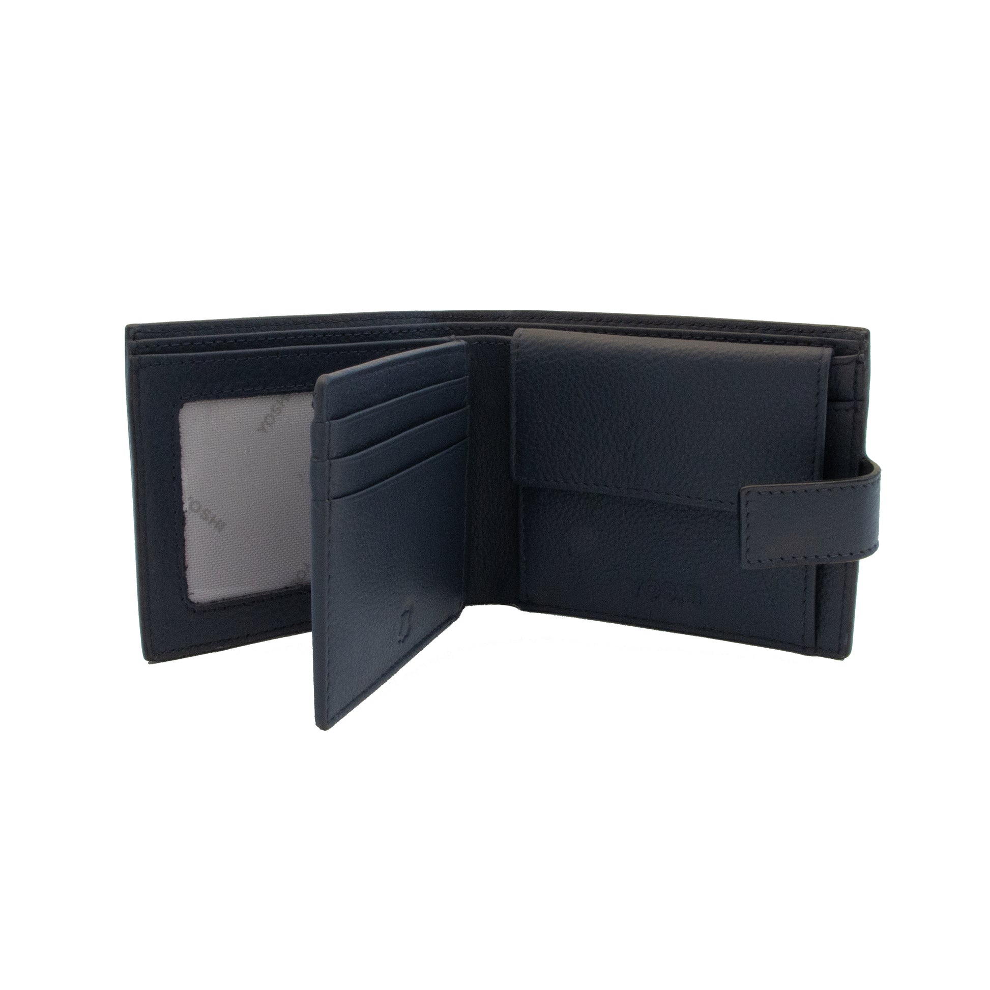 Navy leather two fold wallet interior view