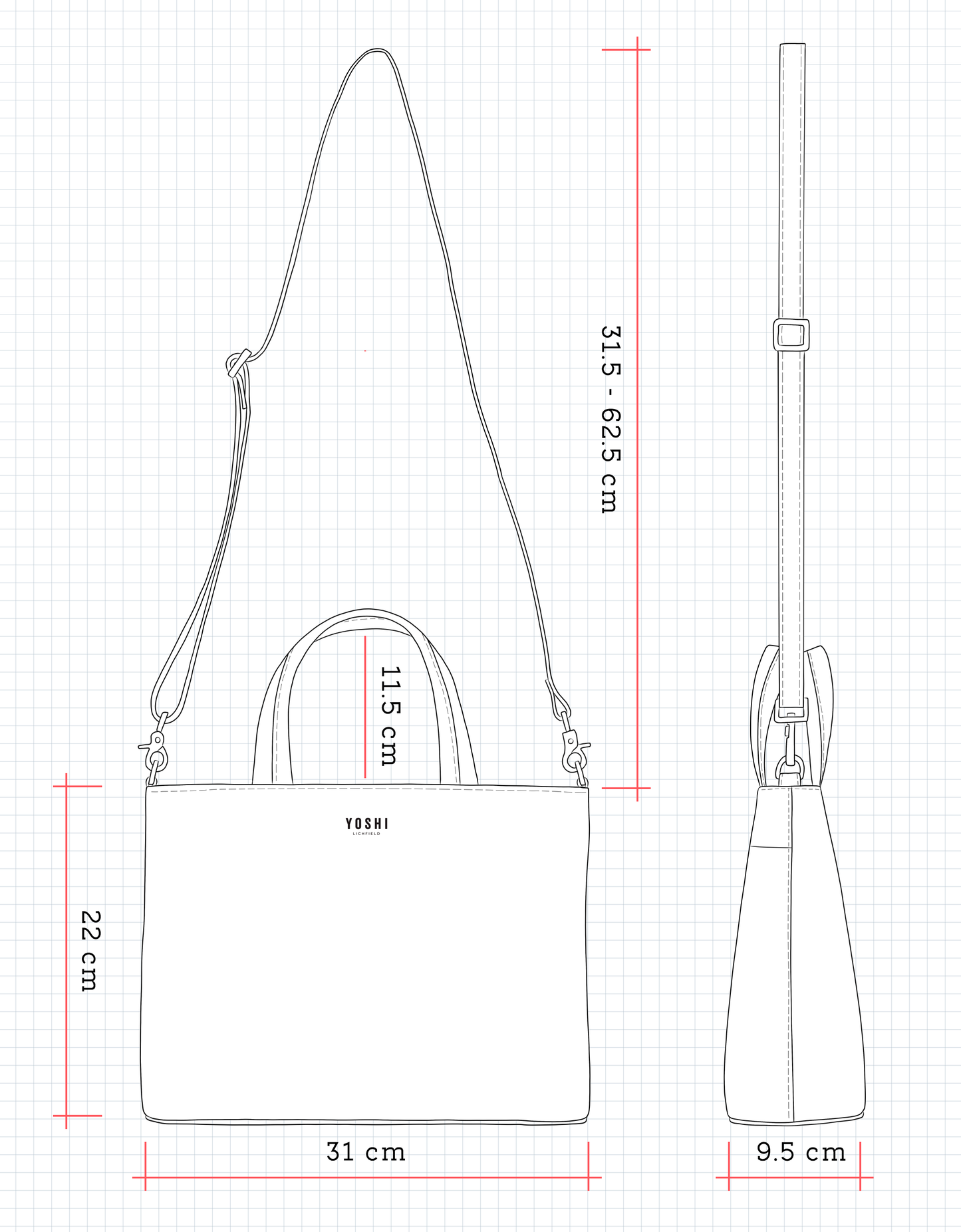 Black leather multiway grab bag with red poppy charm dimensions