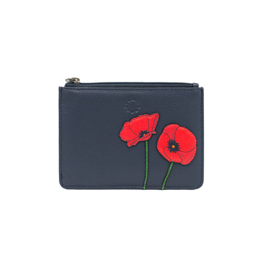 Yoshi Navy Zip Top Purse With Two Poppies