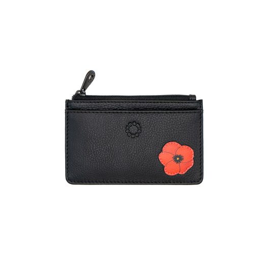 Zip top black leather purse/card holder with poppy