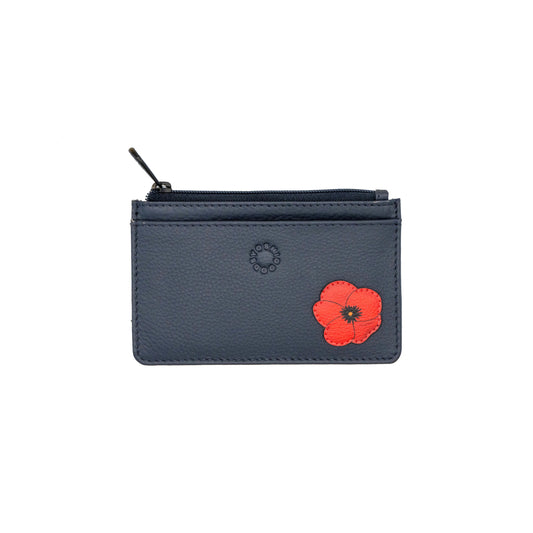 Zip top navy leather purse/card holder with poppy